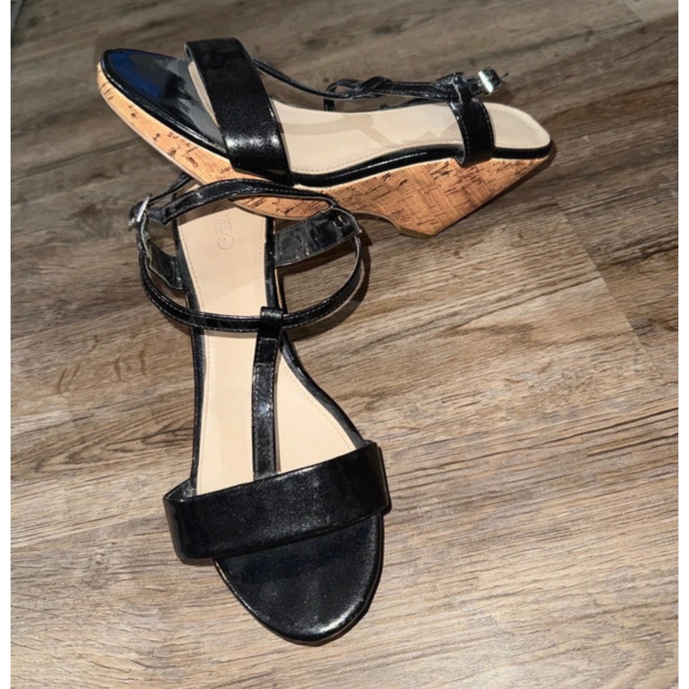 Cato Black Patent T-Strap Cork Wedge Sandals Womens Summer Ankle Strap Shoes